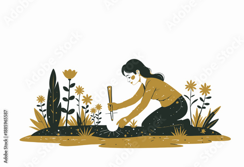 Woman Diligently Planting Flowers with Gardener Tools Surrounded by Vibrant Blossoms in a Fresh, Serene Outdoor Garden Setting