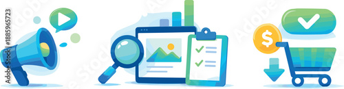 Marketing Funnel Icons. Conversion-focused marketing landscape illustrated through staged progression from awareness to action,