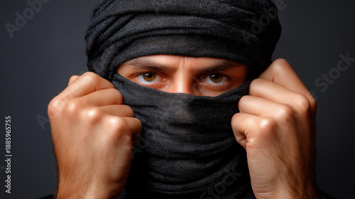 Terrorist criminal portrait, faceless dangerous individual, security threat, extremist representation, law enforcement concern, criminal justice topic, with copy space