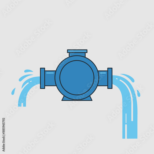 Blue pipe fitting with water leaking from two sides in a cartoon style.