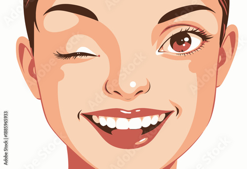 Illustration of a Human Face with Winking Eye and Bright Smile Featuring Clear Complexion and Lively Expression
