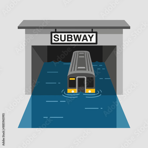 A subway train is partially submerged in water under a subway sign.