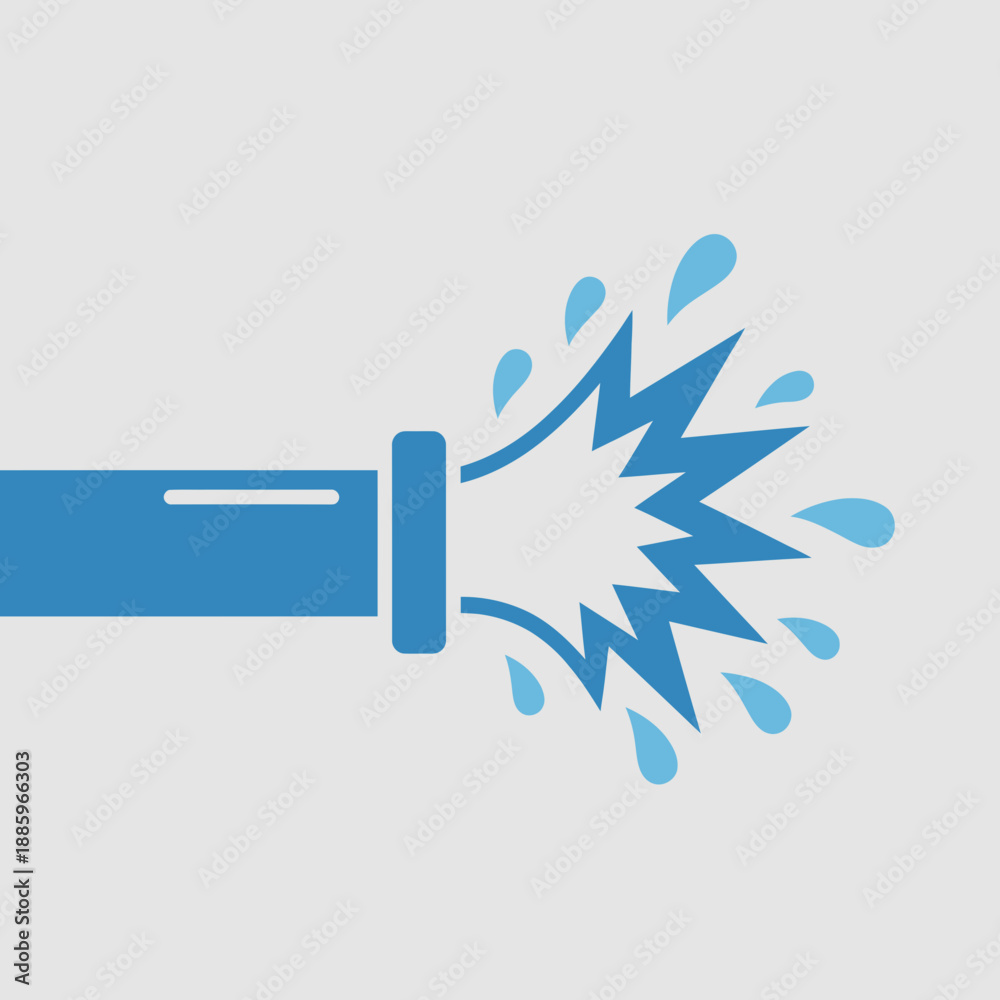 Obraz premium A blue pipe bursts with water droplets spraying outwards.