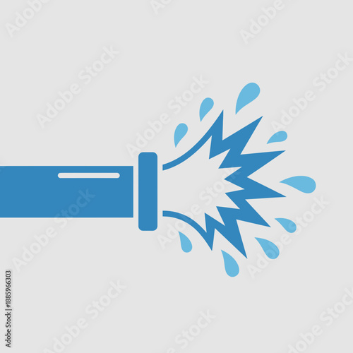 A blue pipe bursts with water droplets spraying outwards.