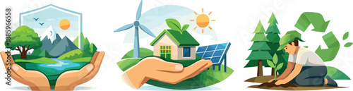 Sustainable Earth Icons. Environmental conservation landscape illustrated through natural elements safeguarded by sustainable