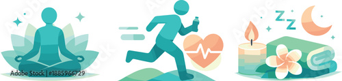 Mindfulness Icons Trio. Well-being enhancement environment visualized as mindful habits, physical activity, and restorative