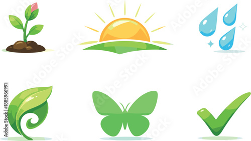 Spring Renewal Symbols. Fresh awakening scene illustrating spring renewal, six symbolic objects arranged in two horizontal rows