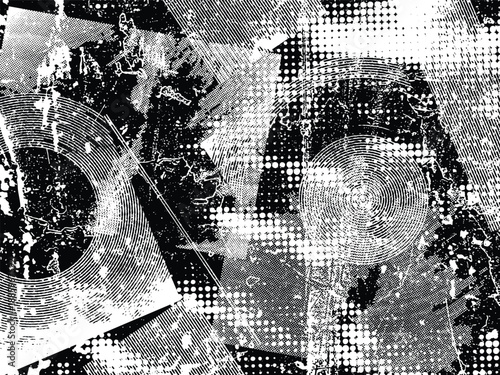 Glitch distorted grungy overlay grange texture. Textured and glitched technology background. Screen print effect .Vector overlay background with a halftone dots screen print texture. 