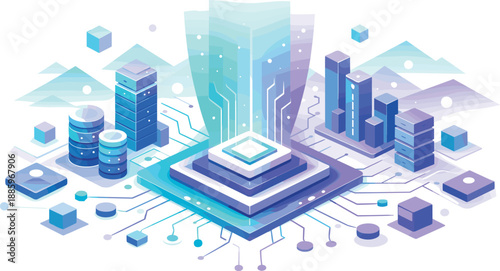 Geometric AI Energy. Abstract geometric landscape featuring isometric data towers and a central processing core radiating soft