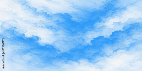 A beautiful clear blue sky features bright white fluffy cumulus clouds on a sunny summer day creating a stunning nature background with a high atmosphere and light cloudscape heaven