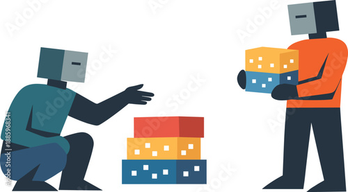 Second abstract geometric human figure appears nearby holding one filtered data block as early attempt to control artificial