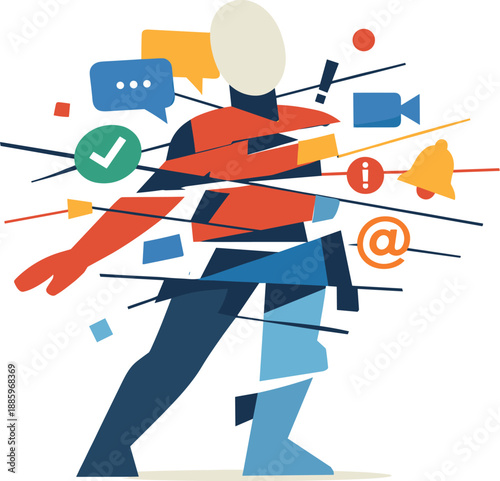 Abstract geometric human figure appears partially fragmented as dense collaboration signals overlap and pull apart body