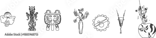 Minimalist vector line art collection of decorative vases, floral arrangements, and traditional oriental ornaments, including intricately carved vessels and a stylized doll, perfect for refined interi