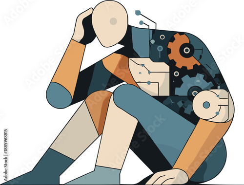 Abstract geometric figure partially aligns with machine geometry becoming rigid form suggesting internalization of artificial