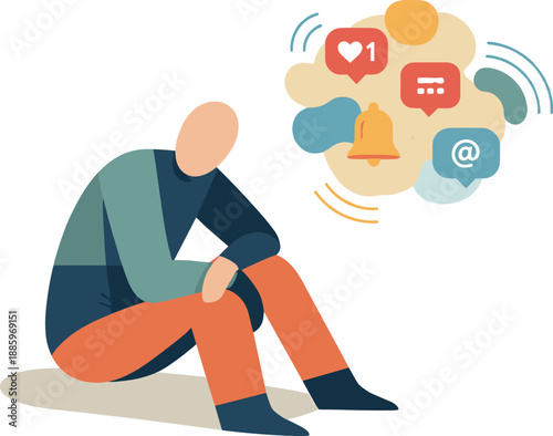 Abstract geometric human figure surrounded by persistent signal shapes suggesting online availability pressure illustrated in