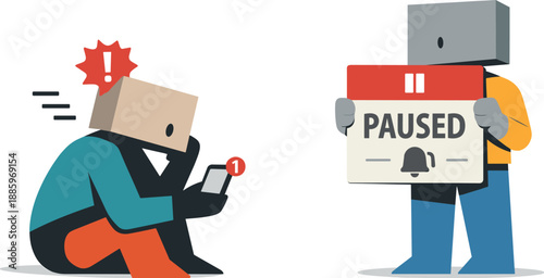 Second abstract geometric figure appears holding a paused notification block while first remains interrupted showing early shared