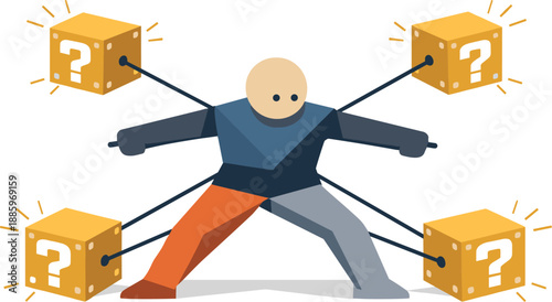 Single abstract geometric figure pulled in multiple directions by expanding question blocks revealing tension and cognitive