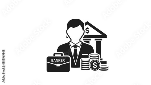 Professional banker icon illustrating financial services, investment, and wealth management, featuring a businessman, briefcase, coins, and a bank