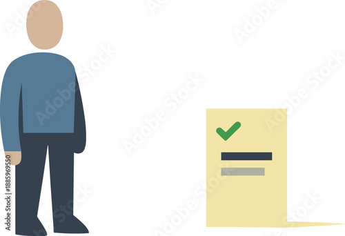 Calm abstract geometric human figure stands beside single intentionally chosen suggestion block in wide white space reframing