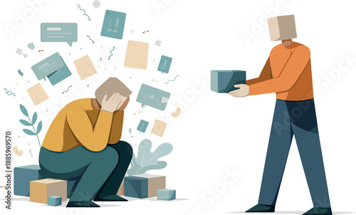 Second abstract geometric human figure appears holding a single stabilized block while first remains surrounded showing early