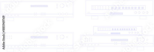 Vector line art collection of vintage electronic components, featuring classic amplifiers, receivers, and stereo system units with detailed knobs and displays for retro-themed interior elevations.