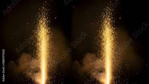 Golden sparks exploding in the dark night sky