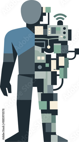 Abstract geometric human figure partially merges with device-like structures becoming rigid patterned silhouette suggesting