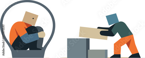 Second abstract geometric human figure appears adjusting a boundary block while first remains enclosed showing early interaction