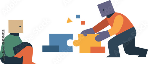 Second abstract geometric human figure appears connecting two fragments while first observes, showing early interaction within