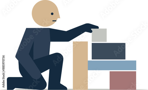 Single abstract geometric human figure organizes remaining blocks into minimal aligned structure revealing clarity and distilled