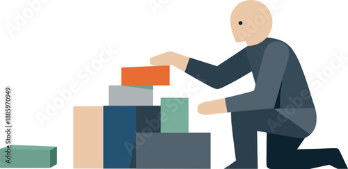 Single abstract geometric human figure aligns separated blocks into a distinct arrangement revealing emerging clarity and