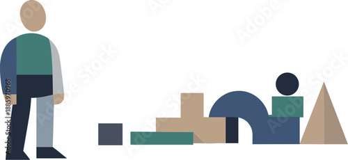 Abstract geometric human figure stands beside scattered abstract blocks suggesting thought progression across forms in isolated