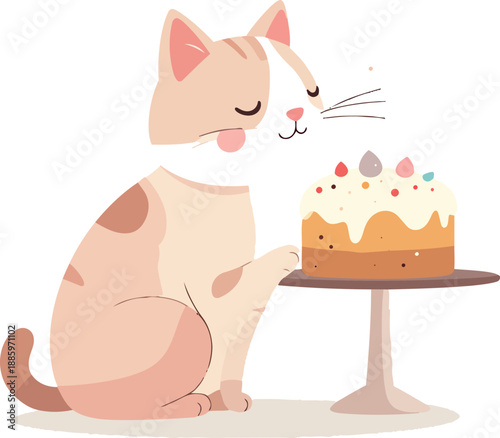 Cute cat sniffing Easter cake in minimalist flat vector style