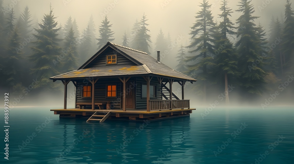 Fototapeta premium Misty Forest Lake Cabin with Calm Water Reflection – Peaceful Wooden House Surrounded by Pine Trees 