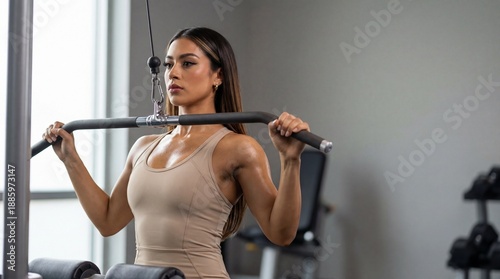 Fit young woman performing lat pulldown exercise on cable machine in modern gym wearing beige bodysuit focused on strength training workout
