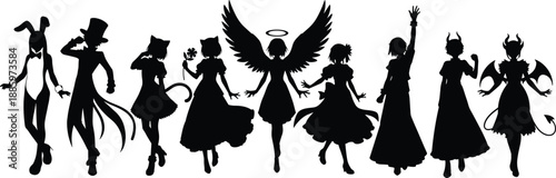 Fantasy character silhouette collection featuring angels, demons, witches and magical figures, black and white fairy tale vector illustration set