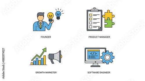 Set of icons representing various roles in business and technology development, including founder, product manager, growth marketer, and software engineer