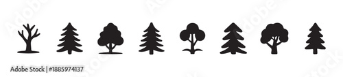 Row of eight simple black silhouette icons featuring diverse evergreen and broadleaf tree shapes