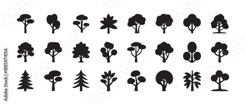 Large collection of twenty four unique stylized tree icons in solid black for environmental design projects