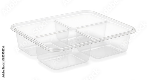 Clear plastic compartment food tray with four sections isolated on white background
