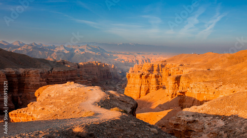 Charyn Canyon, Valley of Castles. The excellence of Kazakhstan. Panorama of natural unusual landscape. The red canyon of extraordinary beauty looks like a Martian landscape.