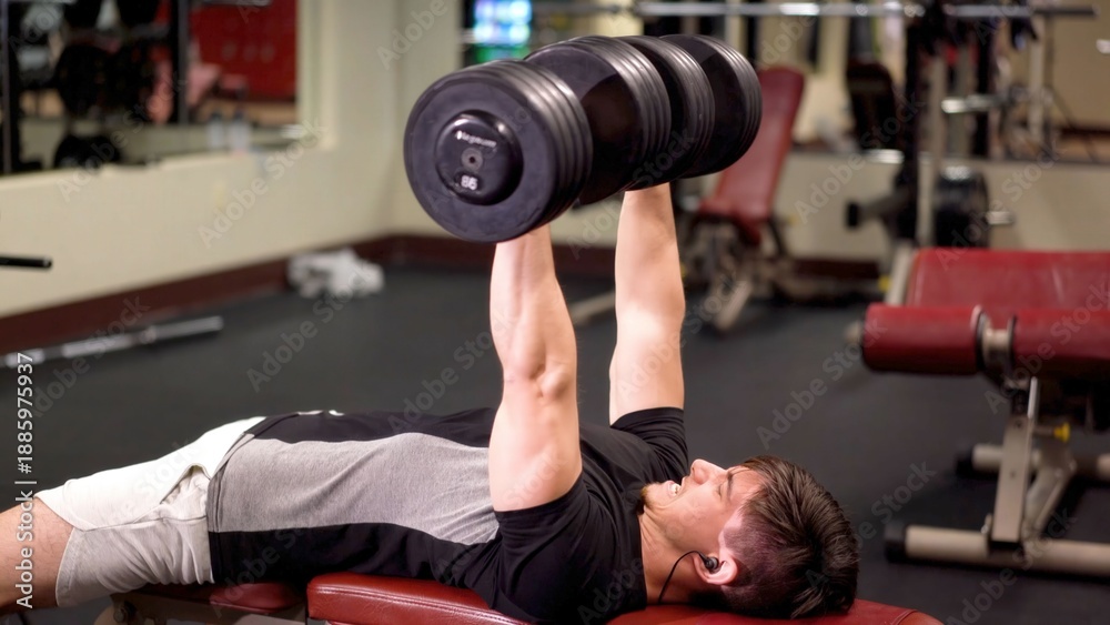 Obraz premium Young man performs weight training in gym using dumbbells while lying on bench to develop upper body strength and fitness