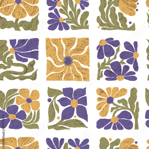 Floral Seamless Pattern. Flower Folk. Organic Plants Ornament textured crayon hatching Tile Background Contemporary Aesthetic