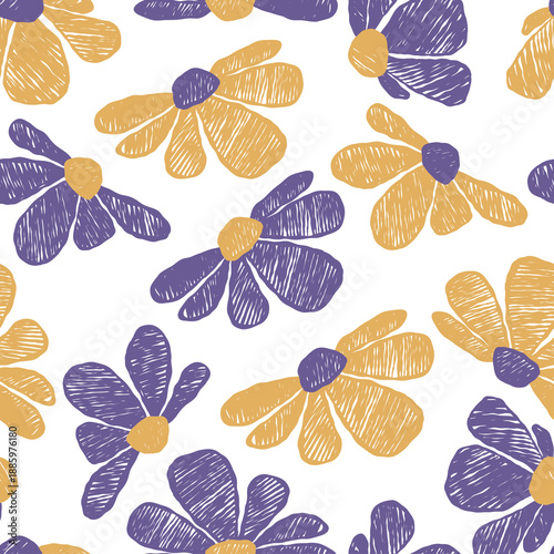 Seamless Floral Pattern With Hand-Drawn Abstract Flowers And Textured Crayon Hatching Background