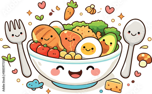 Balanced Diet Delight. Adorable doodle balanced diet composition featuring a happy bowl with veggies, grains and proteins, smiling