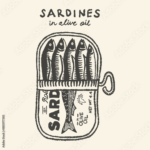 Vintage illustration of a can of sardines in olive oil, hand-drawn style, black and white sketch on a beige background, conveying retro or artisanal food concept.