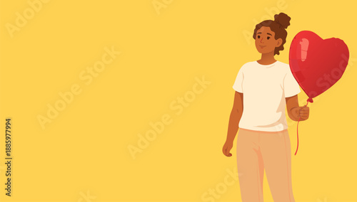 A young woman stands against a yellow background with a heart balloon.