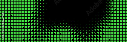 Green bitmap pixel background with gradient pattern effect and 8bit art. Glitch video game design for retro arcade or digital wallpaper. Neon disintegration effect with geometric particle dispersion.