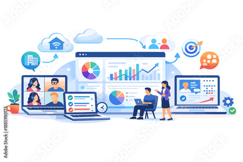Hybrid Work Ecosystem. Digital hybrid work ecosystem visualization with dashboards, charts, laptops, and office collaboration