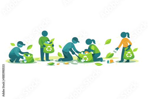 Community Clean-Up Effort. Community clean-up scene with simplified people icons picking up litter into recycling bags, leaf